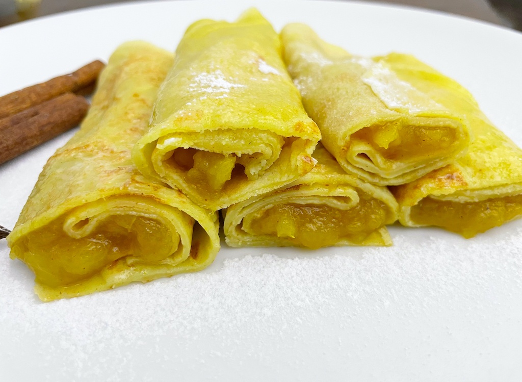 crepes with apple and walnut filling a close up