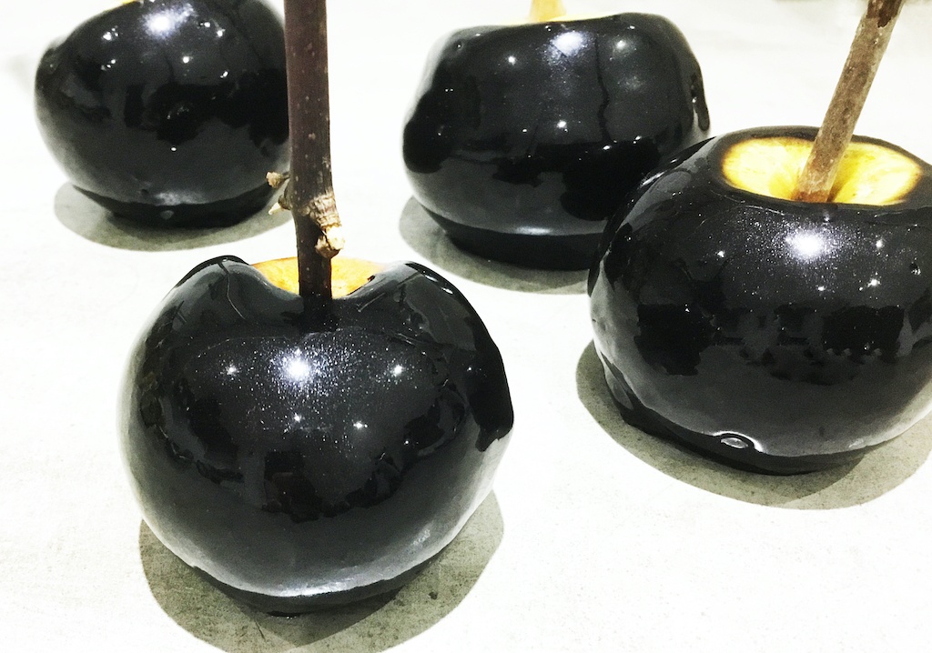 halloween black toffee apples - a close up