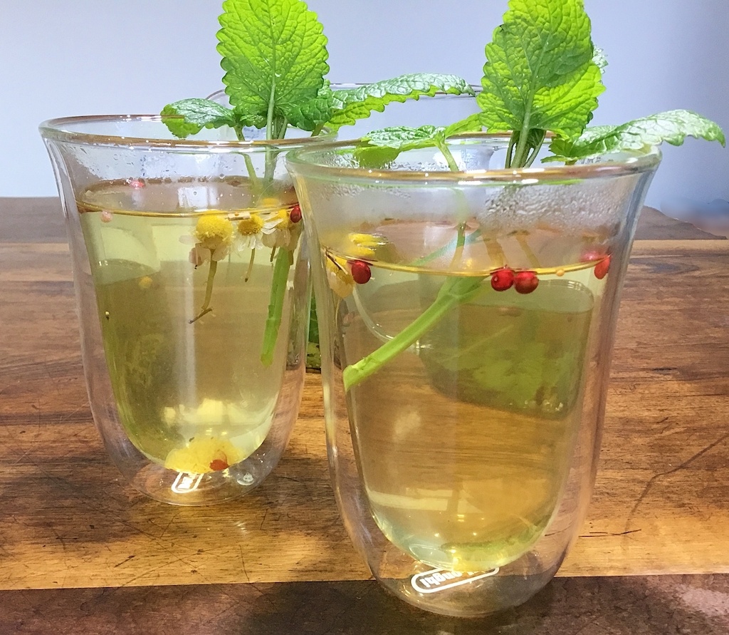 lemon balm green tea with red peppercorns in thermic glasses