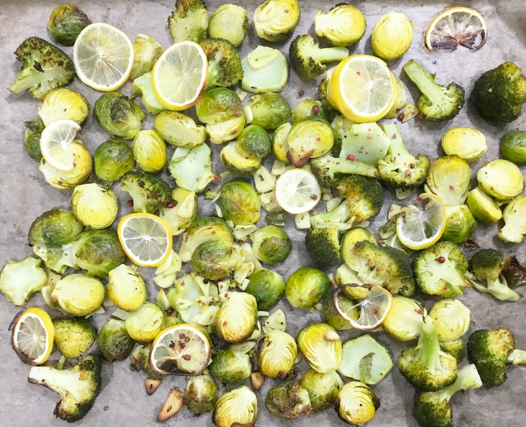 lemon-roasted Brussels sprouts and broccoli from the top