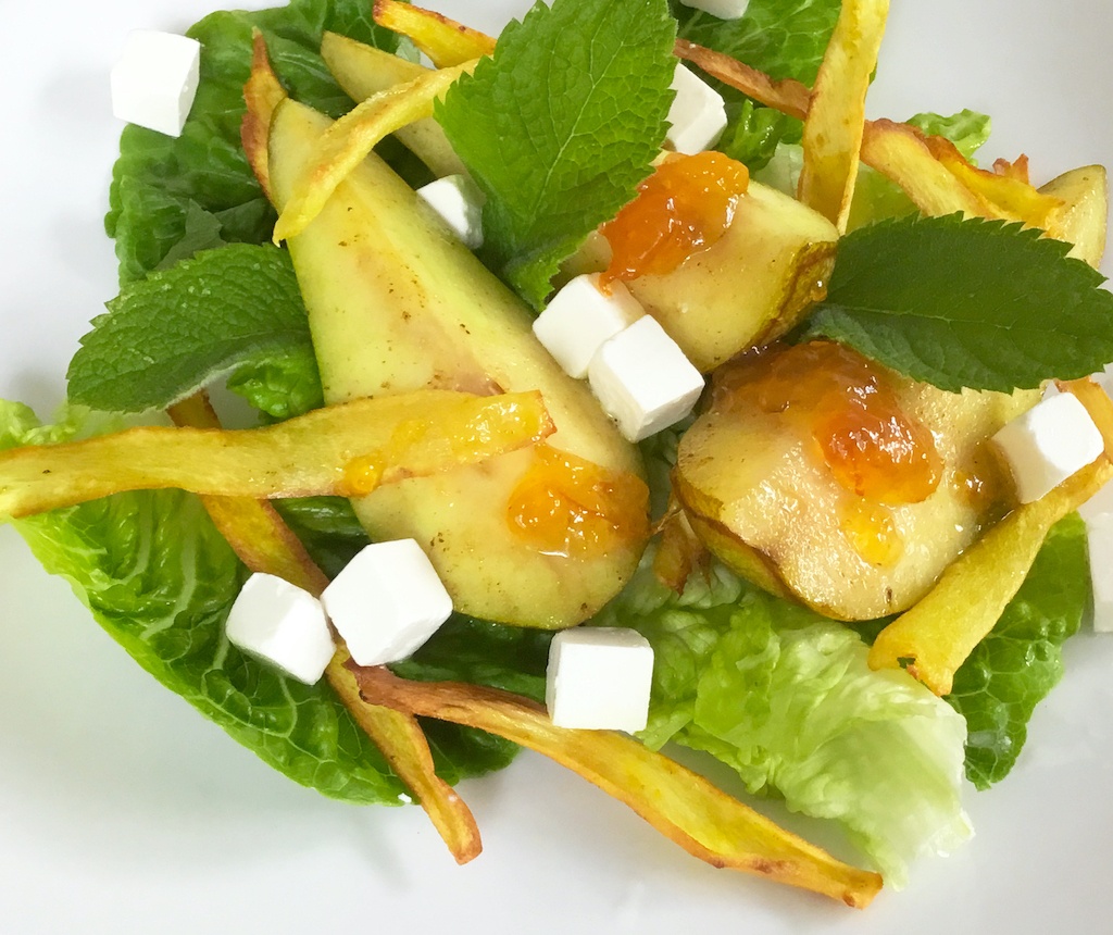 pear and parsnip crisps salad close up