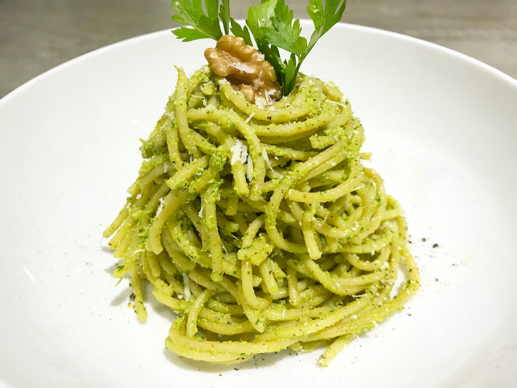 walnut and parsley pesto pasta - a close up on the plate