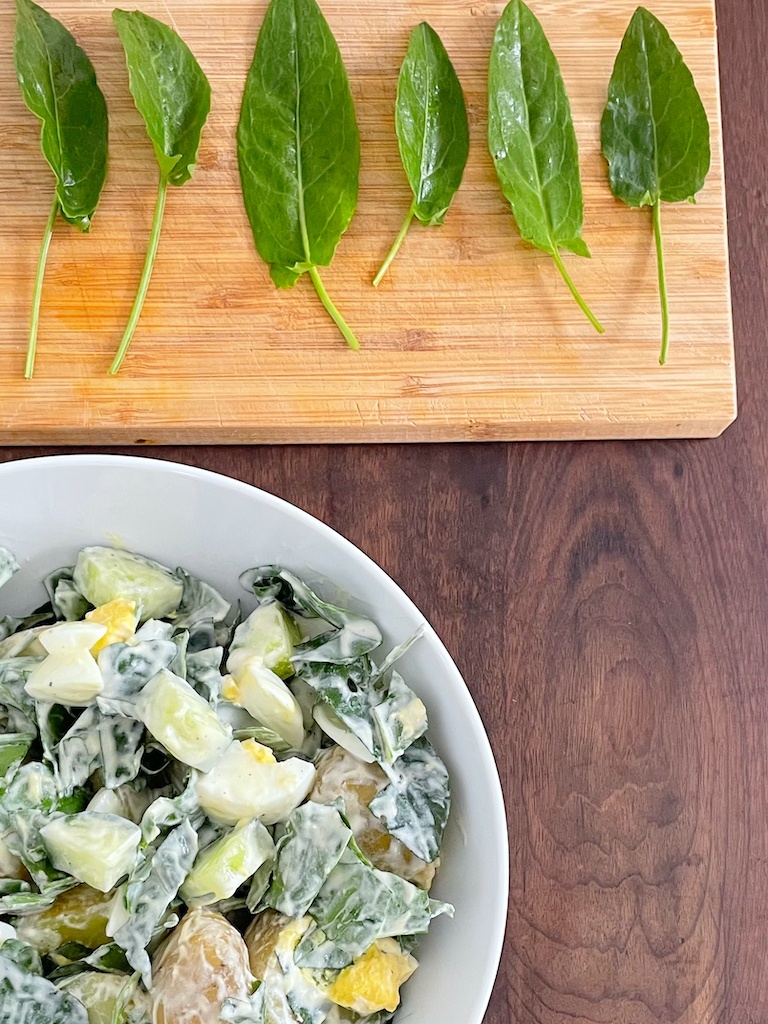 potato and sorrel salad in serving bowl with sorrel leaves on the chopping board