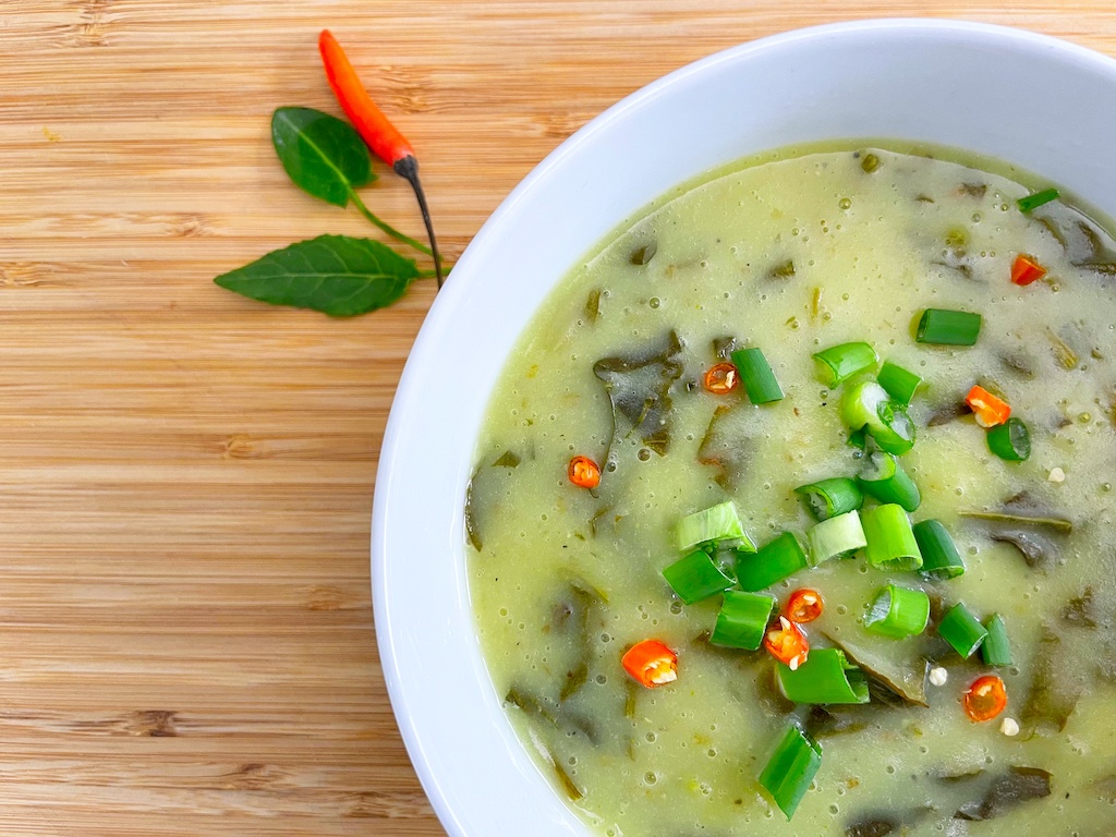 Thai style creamy sorrel soup in the serving bowl