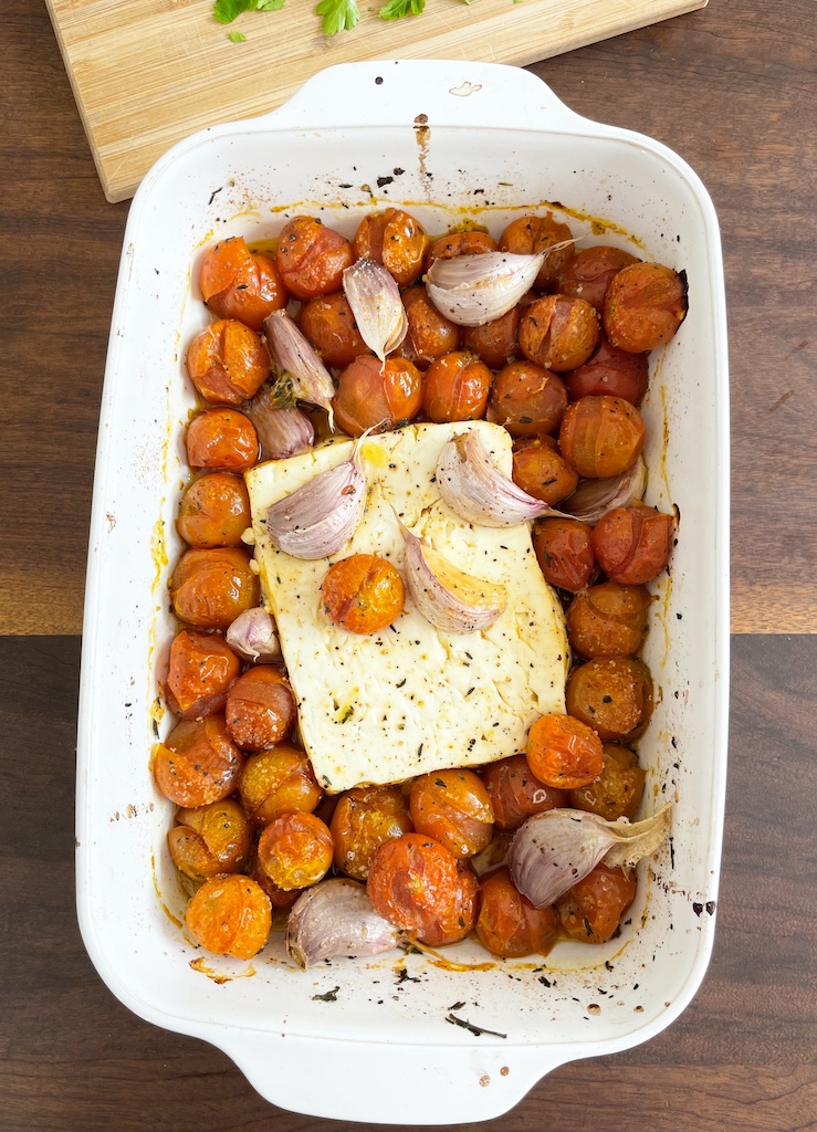 the tik tok roasted tomato and feta pasta flat lay