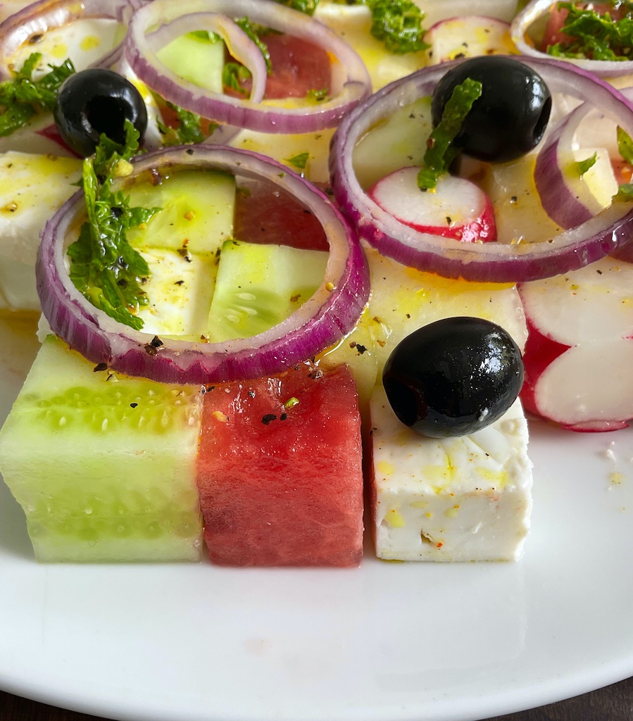 watermelon and feta tetris salad a close up on cubes