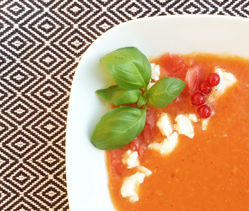 watermelon and tomato gazpacho - a close up on the feta crumbs